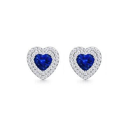 Heart Ceylon Sapphire Round Diamonds 3 Ct Studs Earring White Gold 14K