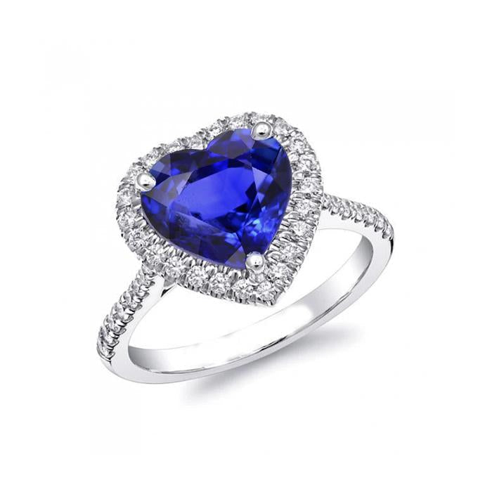 Heart Ceylon Sapphire Round Diamonds Ring 4 Ct White Gold 14K