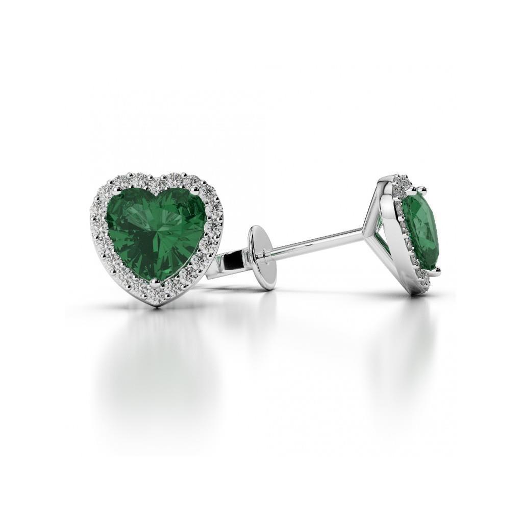 Heart Cut 4.40 Ct Green Emerald With Diamonds Studs Halo Earrings Gold