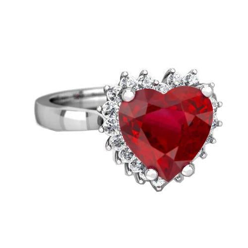 Heart Cut Red Ruby And Diamond Ring 7.50 Carats Jewelry 14K White Gold