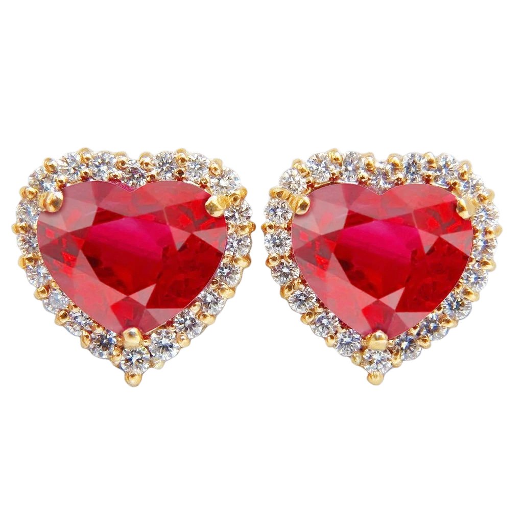 Heart Cut Ruby And Diamond Stud Earring 7.40 Carats Yellow Gold 14K