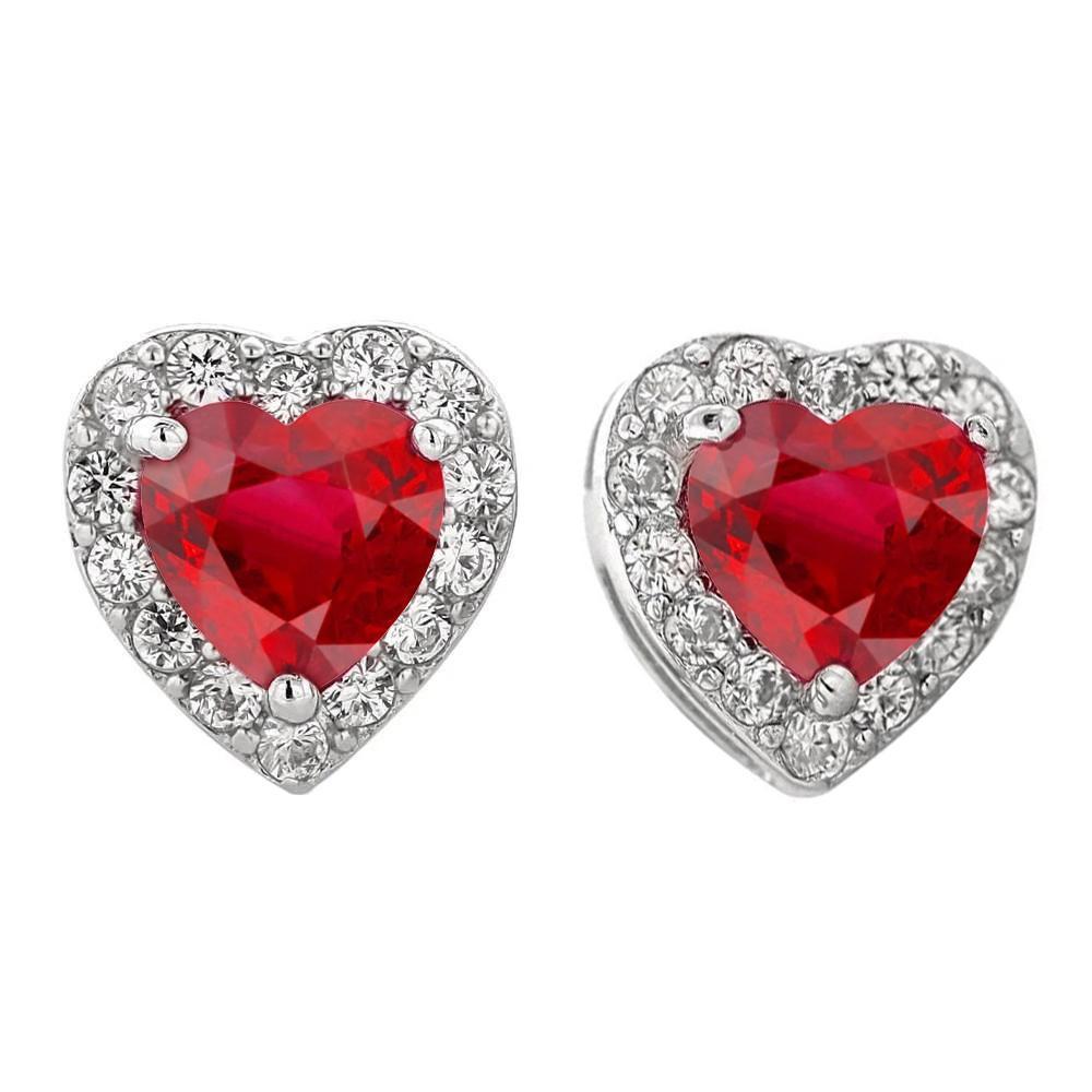 Heart Cut Ruby & Round Diamond 6 Carats Stud Earrings White Gold 14K