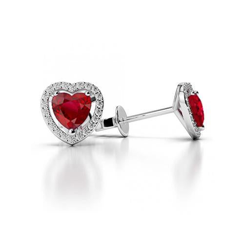 Heart Cut Ruby With Round Diamonds 2.70 Ct Lady Studs Halo White Gold