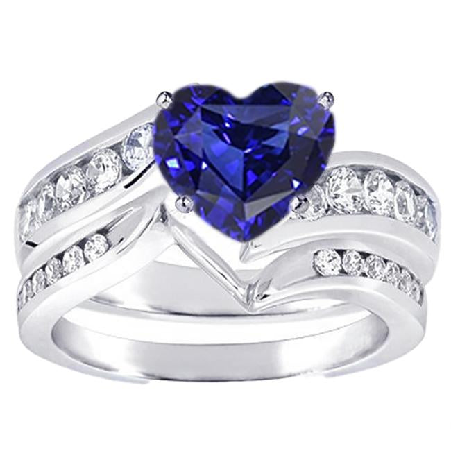 Heart Cut Sapphire Wedding Ring Set & Channel Set Diamonds 3.50 Carats