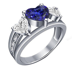 Heart Natural Earth Mined Diamond 3 Stone Blue Sapphire Ring With Accents 3.50 Carats