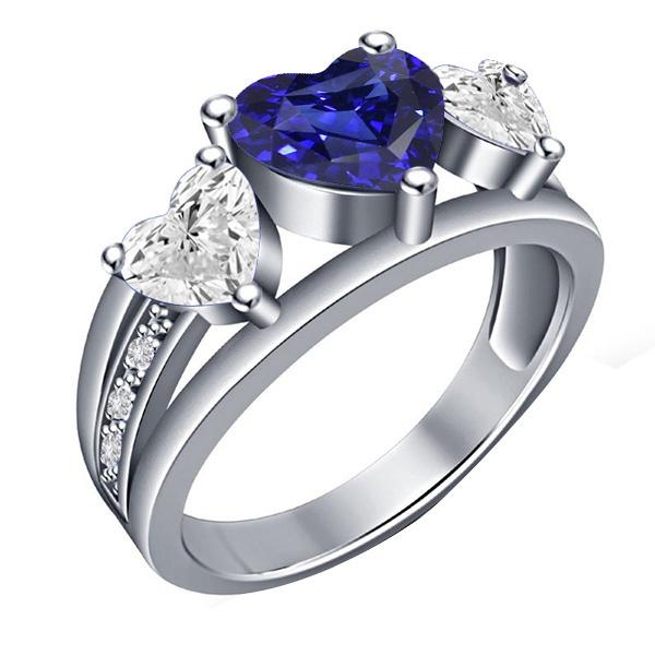 Heart Diamond 3 Stone Blue Sapphire Ring With Accents 3.50 Carats