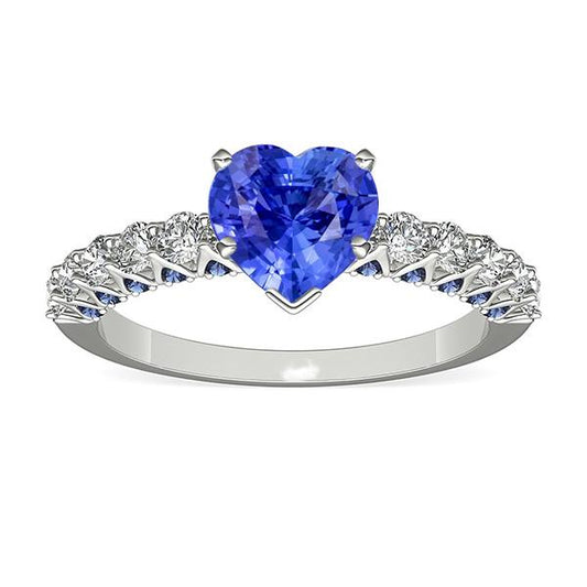 Heart Gemstone Ring Blue Sapphires & Round Diamonds 2.50 Carats