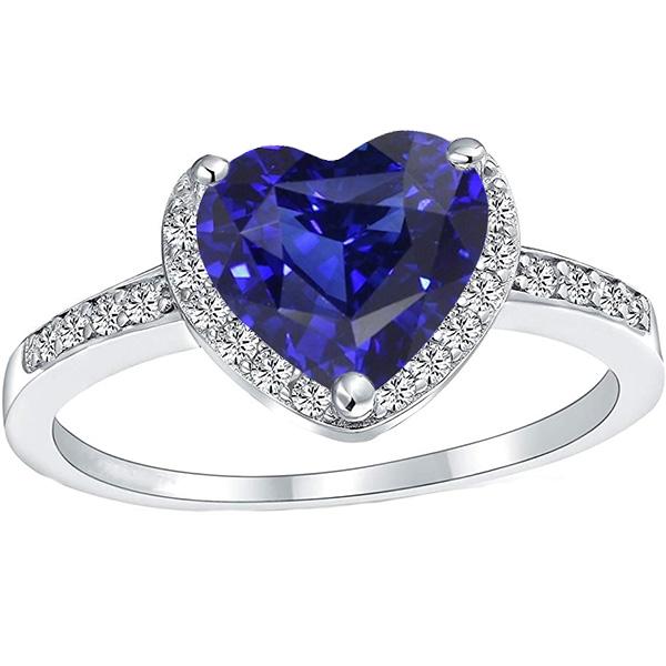 Heart Halo Blue Sapphire Ring Prong Set Diamonds 4 Carats White Gold