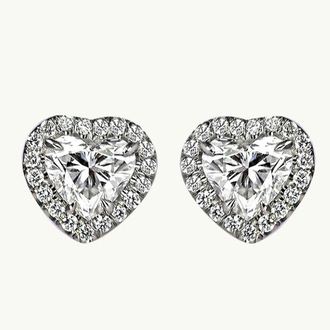 Heart & Round Cut Halo Diamond Stud Earring 2.38 Carat White Gold 14K