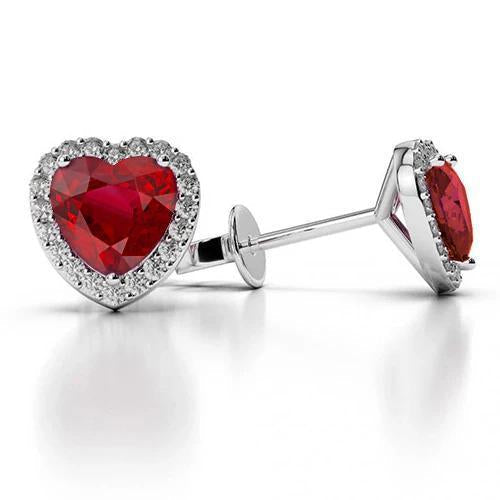 Heart Ruby & Halo Diamond Stud Earrings 4.80 Carat White Gold 14K