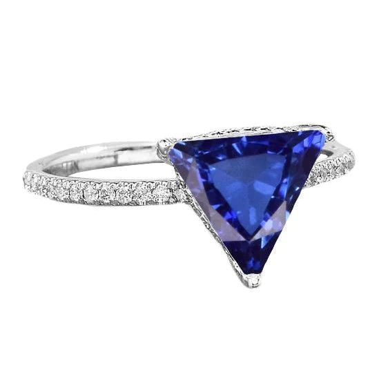 Hidden Halo Ceylon Sapphire Trillion Gemstone Ring Diamond Accented