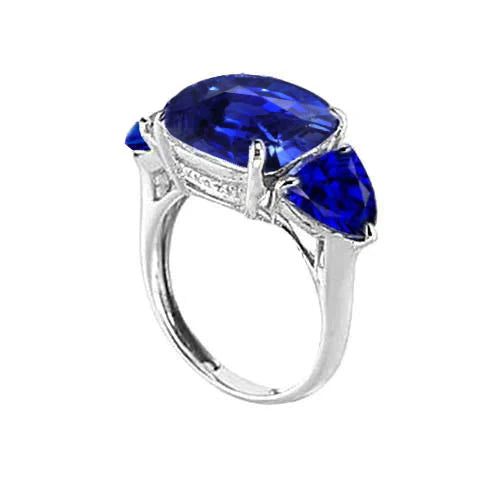 Hidden Halo Cushion & Trillion Ceylon Sapphire Diamond Ring WG 14K