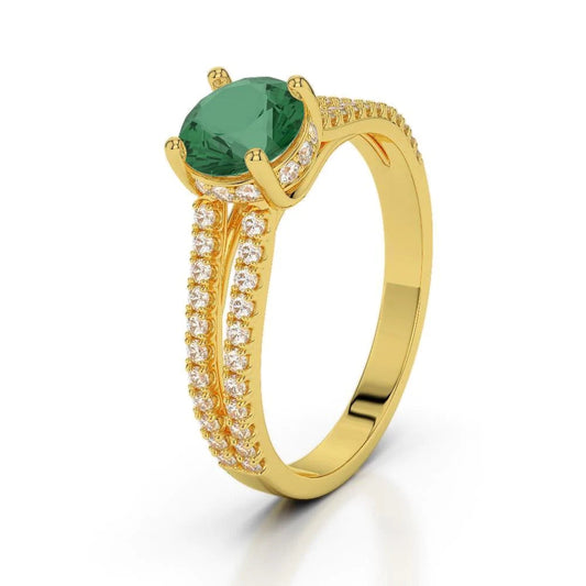 Hidden Halo Green Emerald With Diamond Wedding Ring Yellow Gold 14K