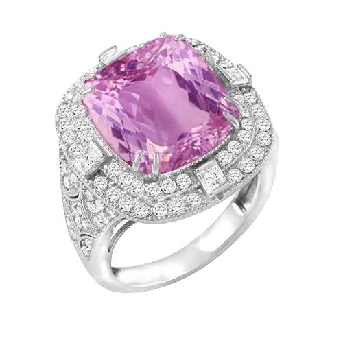 Kunzite And Diamonds 13.50 Carats Wedding Ring Gold White 14K