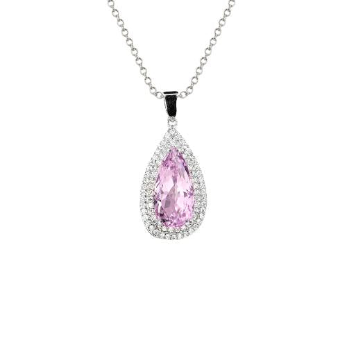 Kunzite With Diamond Necklace Pendant White Gold 14K 11.50 Ct