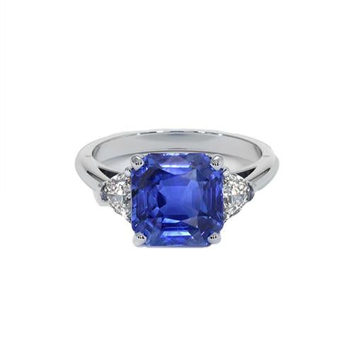 Ladies 3 Stone Ring Asscher Ceylon Sapphire & Diamonds 4.50 Carats