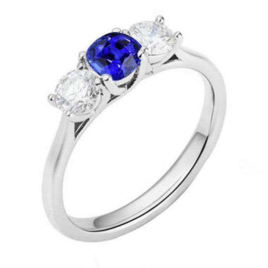 Ladies 3 Stone Ring Cushion Ceylon Sapphire 1.25 Carats Round Diamonds