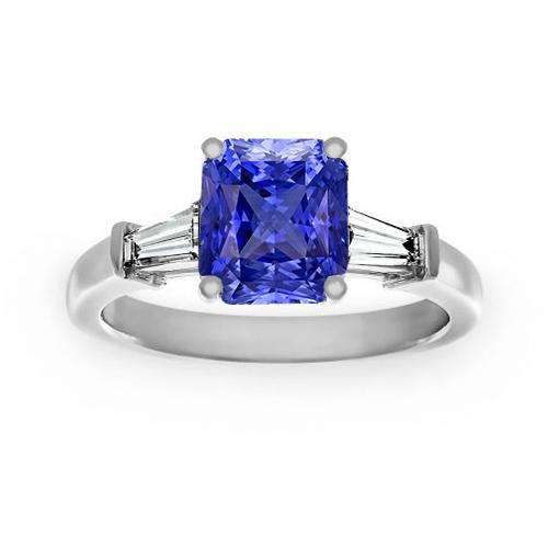 Ladies 3 Stone Sapphire Engagement Ring 2.50 Carats Baguette Diamonds