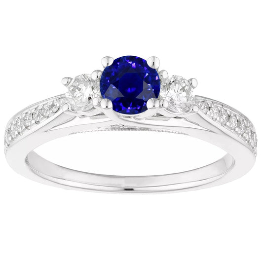 Ladies 3 Stone Style Diamond Ring Round Blue Sapphire Gold 5 Carats