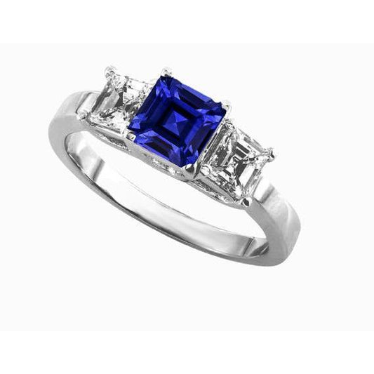 Ladies Asscher Diamond Ring Ceylon Sapphire 3 Stone Jewelry 2 Carats