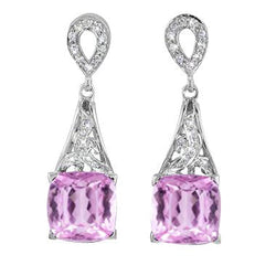 Ladies Dangle Earrings 26.70 Carats Pink Kunzite With Diamonds