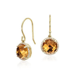 Ladies Dangle Earrings 30.48 Ct Citrine With Natural Earth Mined Diamonds Yellow Gold 14K