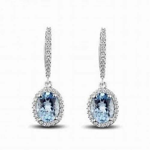 Ladies Dangle Earrings 5.09 Ct Aquamarine And Diamonds 14K White Gold