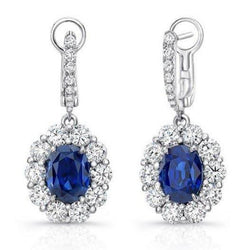 Ladies Dangle Earrings 6 Carats Sapphire And Natural Earth Mined Diamonds White Gold