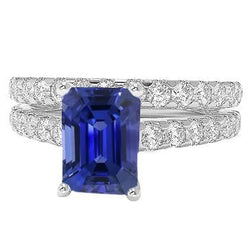 Ladies Diamond Engagement Ring Set Emerald Cut Blue Sapphire 3 Carats