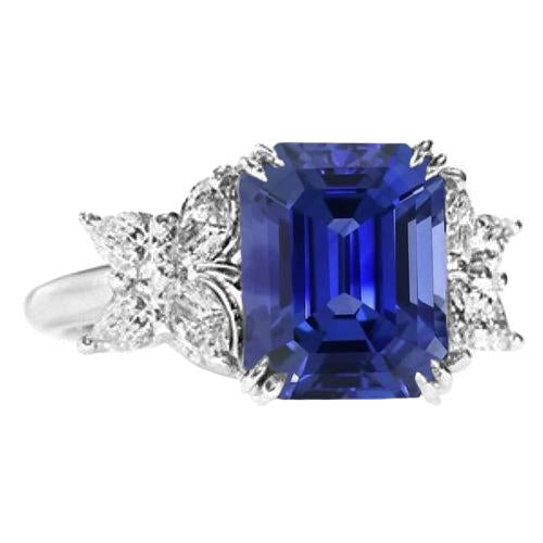 Ladies Diamond Gemstone Ring Emerald Cut Ceylon Sapphire Gold 4 Carats