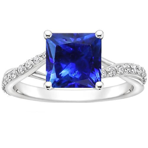 Ladies Diamond Gemstone Ring Princess Ceylon Sapphire Gold 3.75 Carats