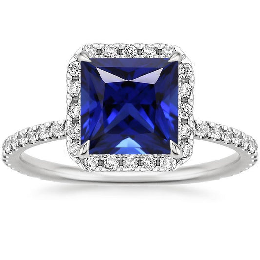 Ladies Diamond Halo Ring With Accents Princess Blue Sapphire 6 Carats