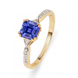 Ladies Diamond Ring Asscher Ceylon Sapphire 2.50 Carats Two Tone Gold