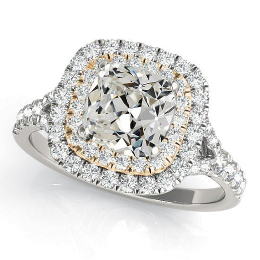 Ladies Double Halo Ring Cushion Old Cut Diamond 8 Carats Two Tone