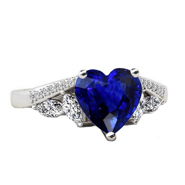 Ladies Gemstone Ring Heart Sapphire Marquise & Round Diamonds 4 Carats