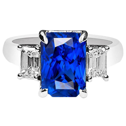 Ladies Gold Diamond Ring Emerald Cut 5 Carats Natural Sapphire Jewelry