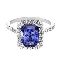 Ladies Halo Deep Blue Sapphire Ring Radiant & Natural Earth Mined Diamonds 3.50 Carats