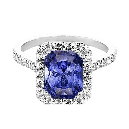 Ladies Halo Deep Blue Sapphire Ring Radiant & Diamonds 3.50 Carats