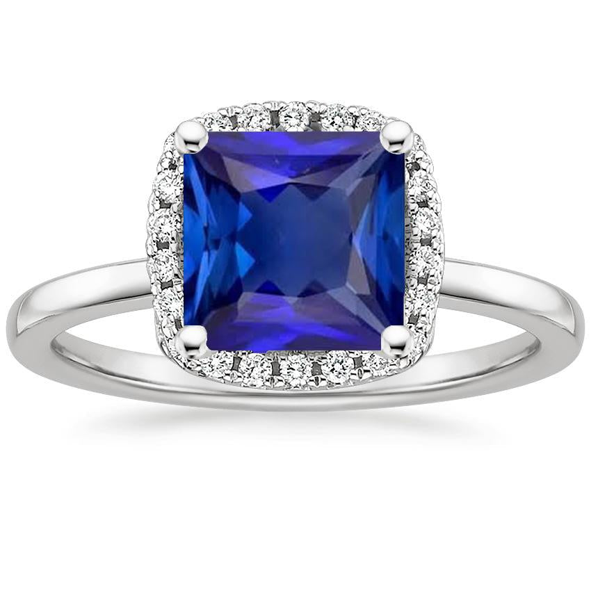 Ladies Halo Diamond Gemstone Ring Ceylon Sapphire Princess Cut 6 Carat