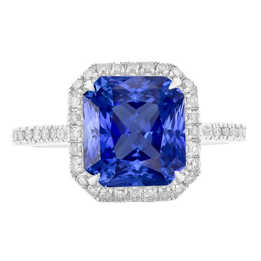 Ladies Halo Diamond Jewelry Ceylon Sapphire Prong Set Gold 5 Carats