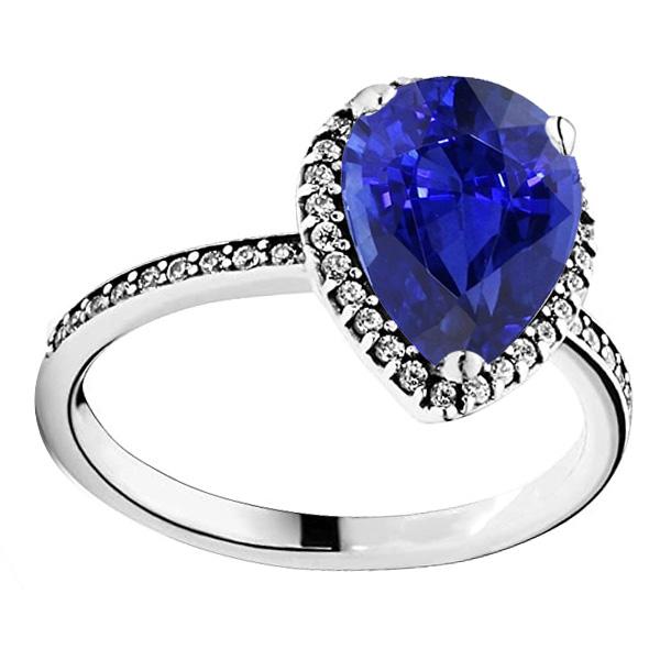 Ladies Halo Diamond Ring & Pear Cut Sri Lankan Sapphire Gold 4 Carats