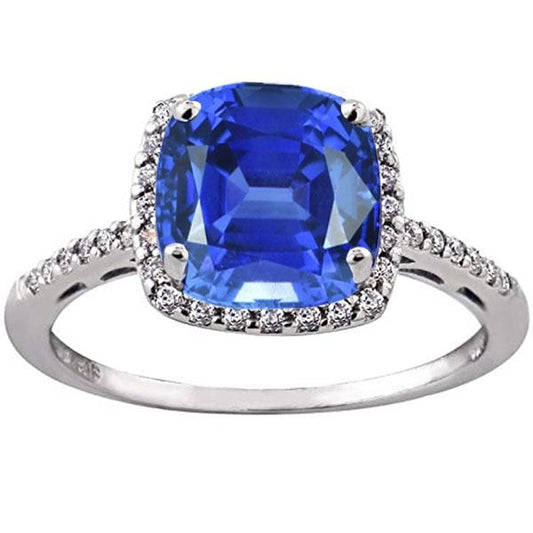 Ladies Halo Ring Cushion Ceylon Sapphire & Diamonds 5 Carats Gold 14K
