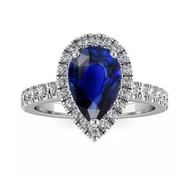 Ladies Halo Sri Lankan Sapphire & Natural Earth Mined Diamond Ring 4 Carats White Gold 14K