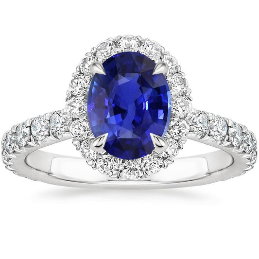 Ladies Halo Sri Lankan Sapphire & Pave Set Diamond Ring 5.50 Carats