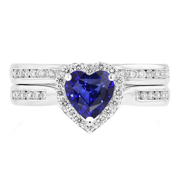 Ladies Halo Wedding Ring Set Heart Cut Sri Lankan Sapphire 3.50 Carats