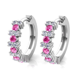 Ladies Hoop Earrings 9.60 Ct Pink Sapphire And Diamonds White Gold 14K