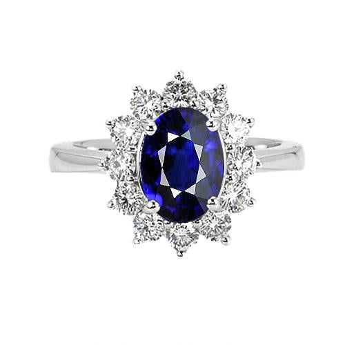 Ladies Oval Blue Sapphire & Round Diamond Ring 8 Carats Sunburst Style