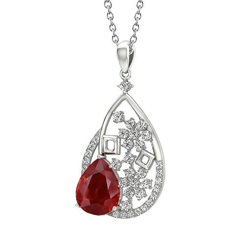 Ladies Pendant Necklace 3.50 Carats Ruby With Diamonds White Gold 14K