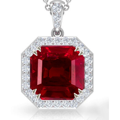 Ladies Round Diamond Halo Gemstone Pendant Asscher Cut Ruby 12 Carats