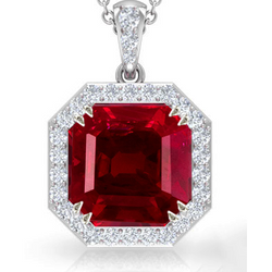 Ladies Round Diamond Halo Gemstone Pendant Asscher Cut Ruby 12 Carats